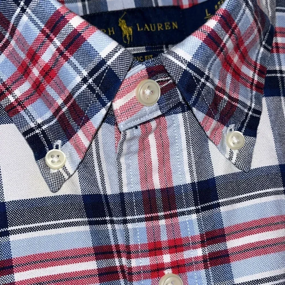 Pony Polo by Ralph Lauren Red White Blue Pocket SS 4th of July Cotton Shirt L